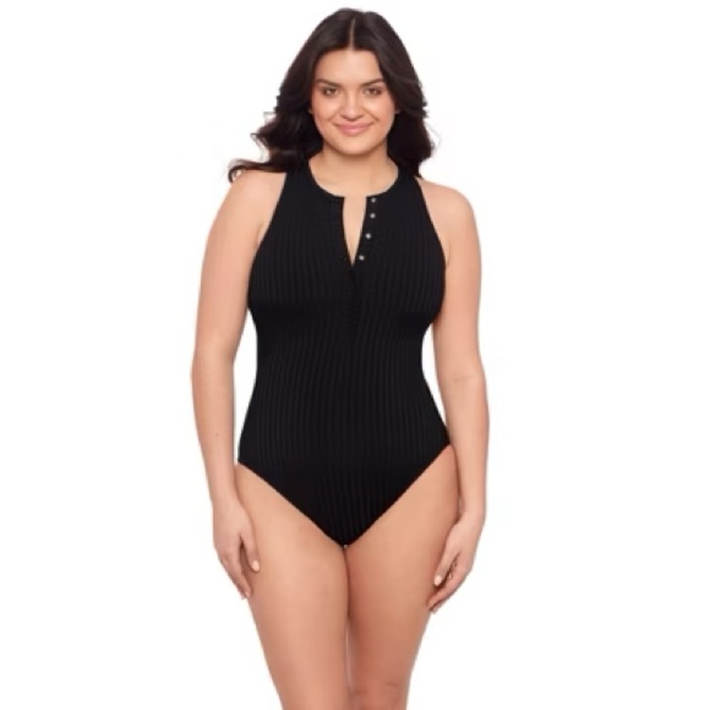 Women's Ribbed High Neck Snap Front Medium Coverage One Piece Swimsuit Sz S